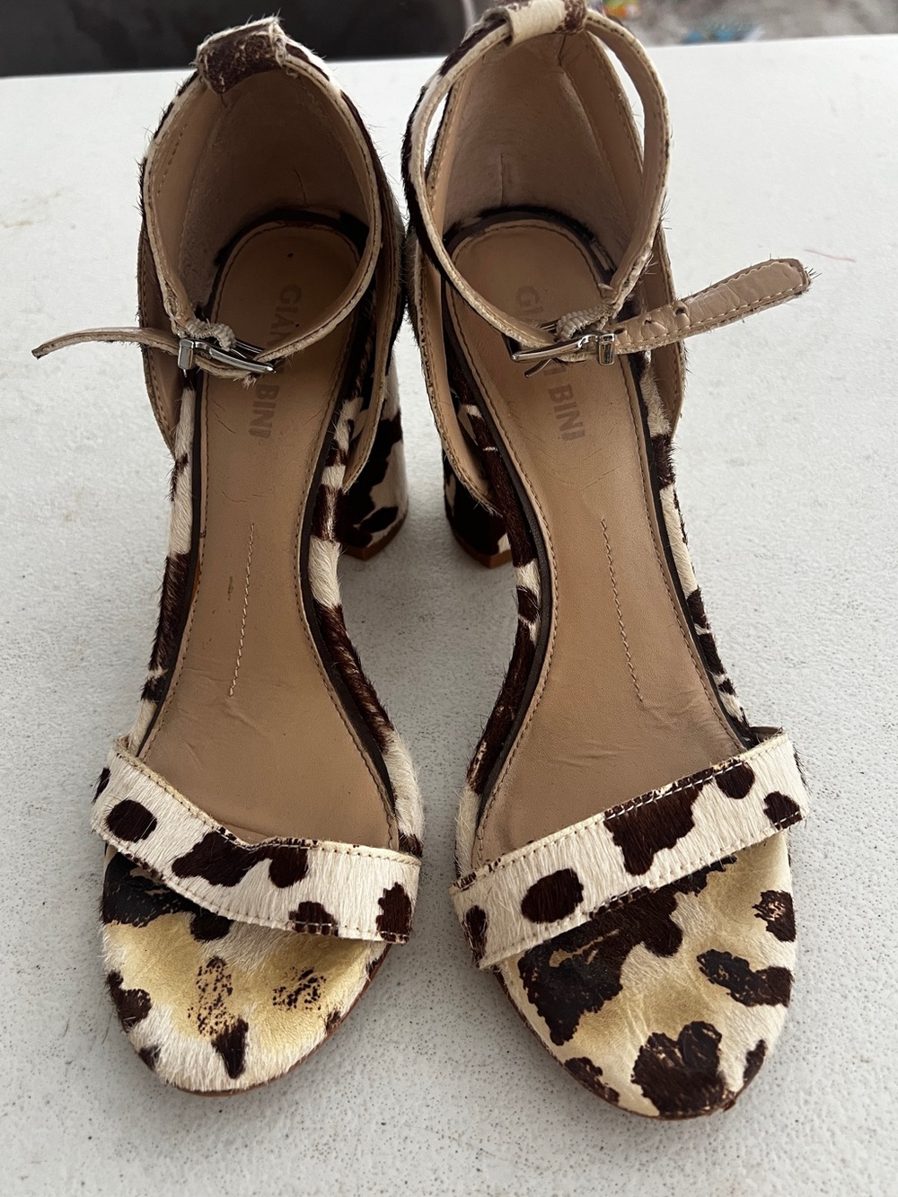 Gianni Bini Brown & Cream Cowhide Ankle-Strap Heels